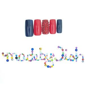Red Blue Rhinestone Long Square Press On Nails